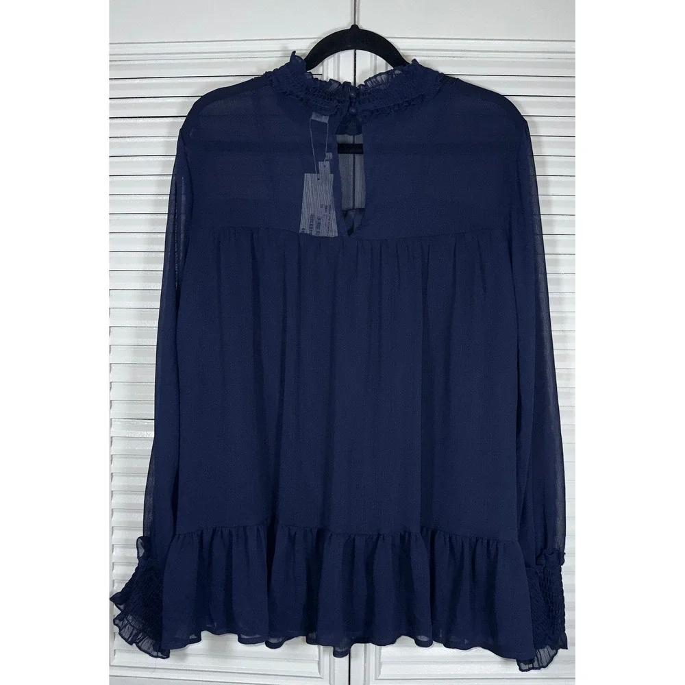 Lost Ink Navy Blue Ruffled Mock Neck Sheer Smock Top Size 2X‎
